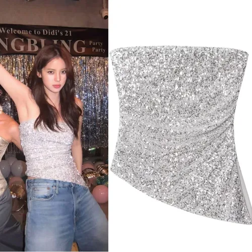 ETJ 2025 nuevo top sin tirantes sin mangas para niña a la moda con lentejuelas brillantes para trajes festivos de fiesta de Navidad