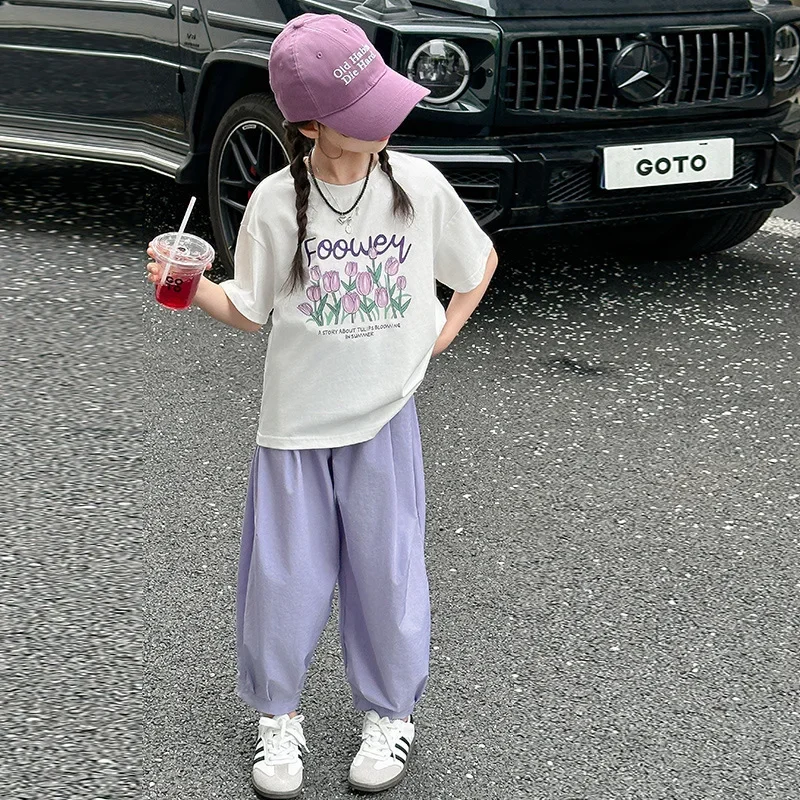 Mädchen Sommer anzug koreanische Version von mittleren und älteren Kindern bedruckte dünne T-Shirt lose Leggings und mücken sichere Hosen