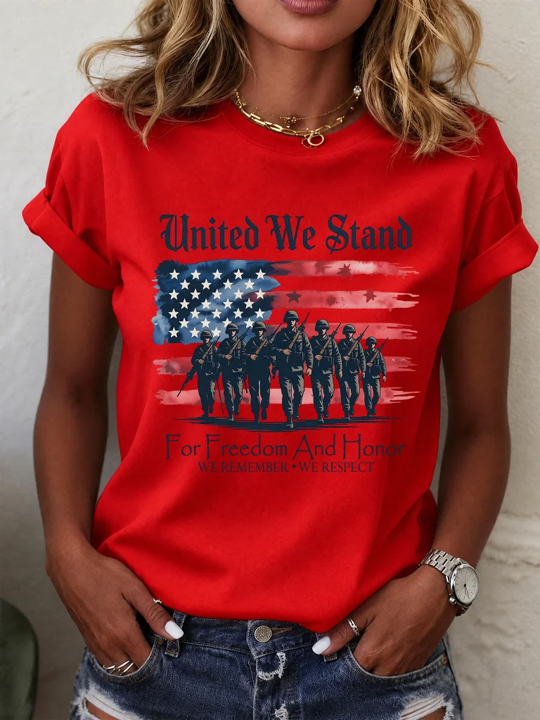 ilstile Women's United We Stand Patriotic T-Shirt American Flag Soldier Print 4th of July Veterans Day Casual Short Sleeve Tops