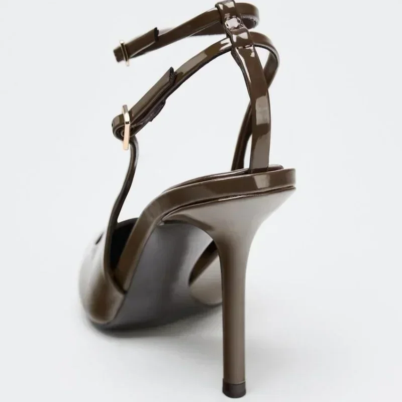 Sandalias de tacón con punta estrecha de charol para mujer, zapatos de tacón elegantes para vestido de fiesta, correas en el tobillo, tacones altos sexis para oficina para mujer