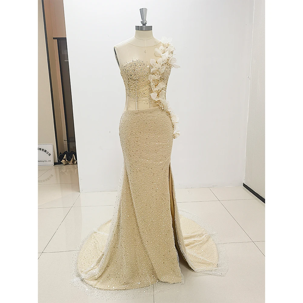 Luxury Flower Sequined Evening Dresses Elegant Sweetheart Sleeveless Mermaid Gowns Fashion Side Split Women Party Prom Dresses