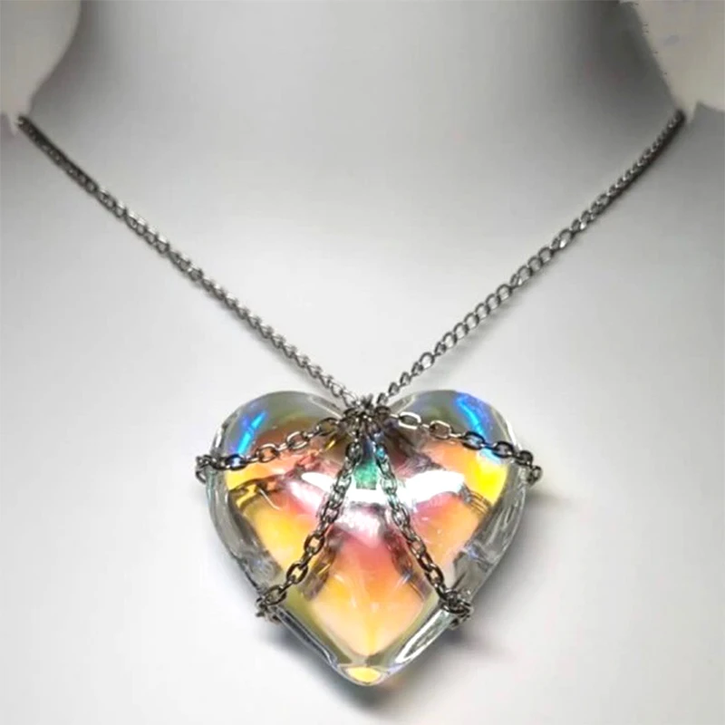 Korean Fashion Bundle Chains Colorful Heart Pendant Necklace for Women Korean Charms Glass Heart NecklaceVintage Jewelry Y2K