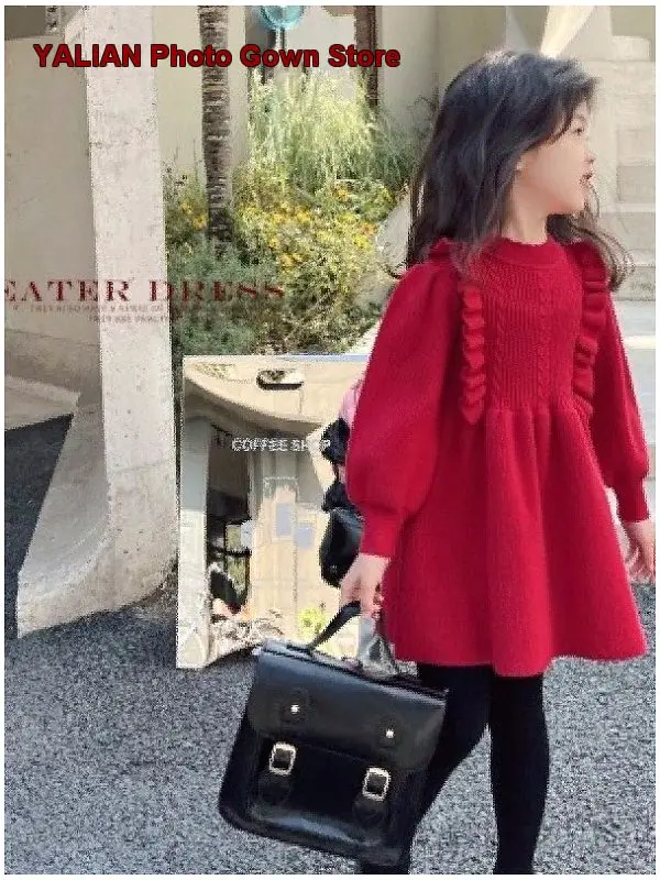 Girls Knit Dress Kids Winter Elegant Cartoon Print Animal Pattern Festive Outfit Toddler Clothes