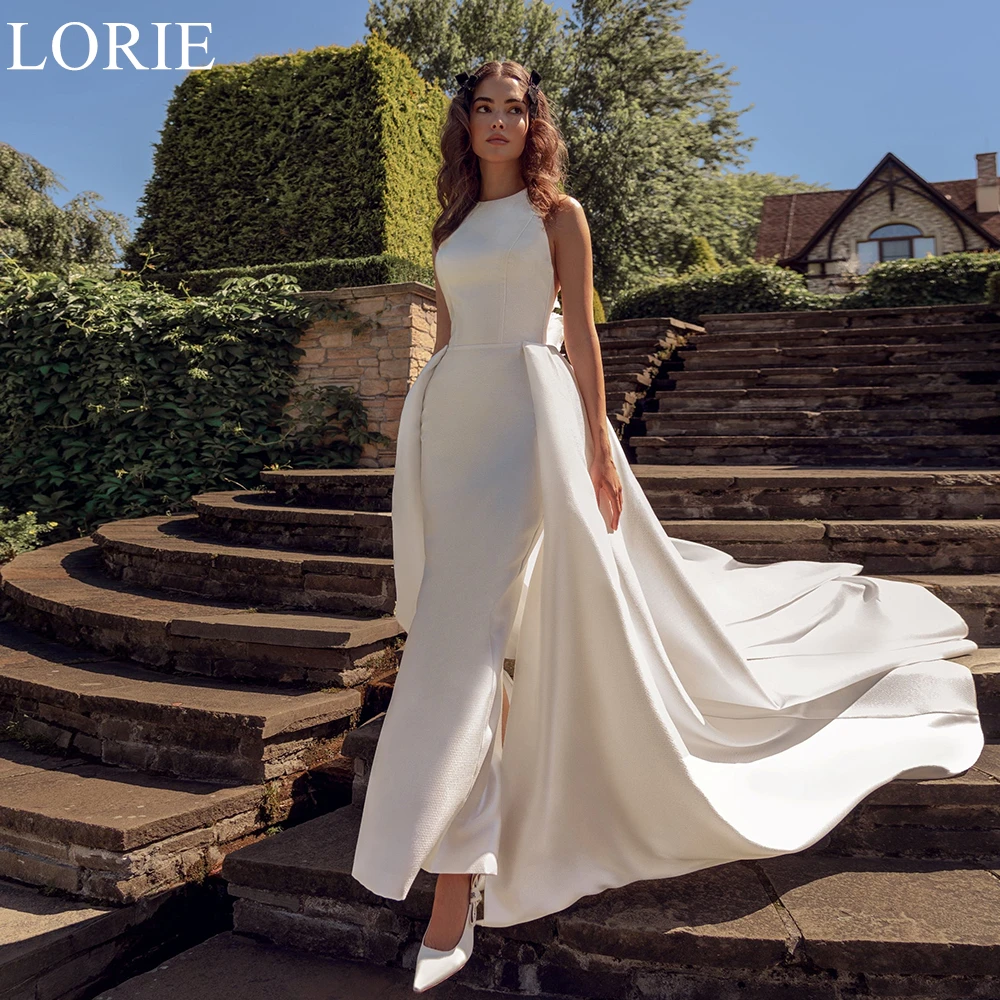 Lorie elegante vestidos de casamento de cetim sereia o pescoço sem mangas trem destacável noiva vestido de baile vestidos de noiva vintage personalizados