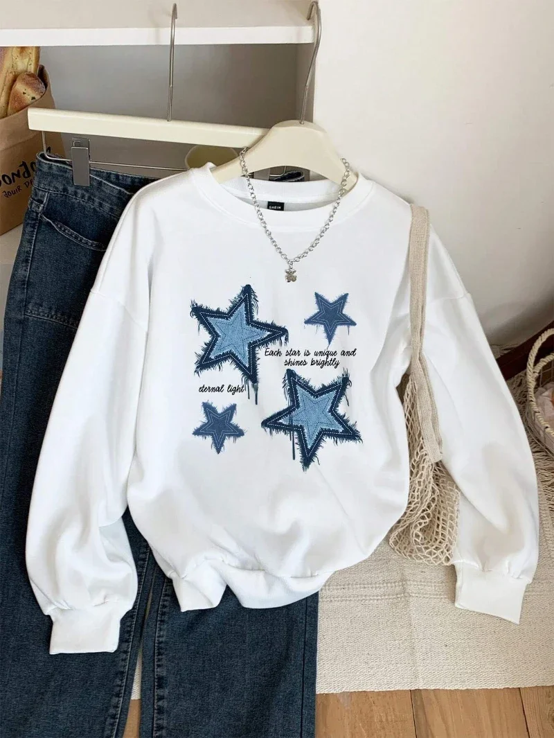 

Street Women Sweatshirts Imitation Denim Prints Star Graphic Pullover Fashion Loose Crewneck Hoodie Warm Fleece Female Clothes