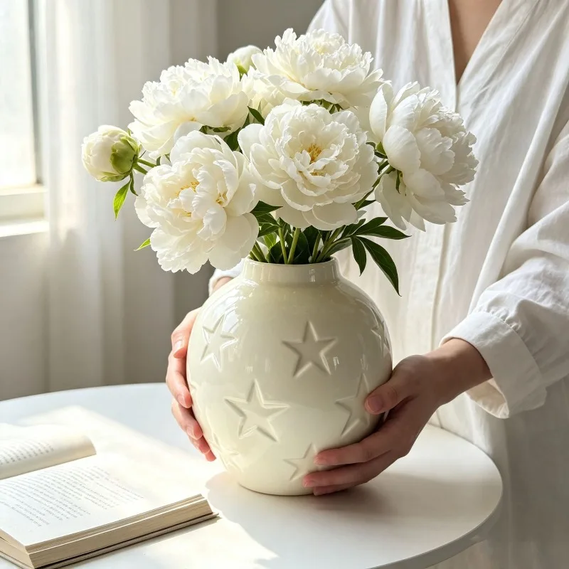 Cream-colored Ceramic Vase Flower Arrangement Sophisticated Living Room Decoration تحف كبيره للمنزل В