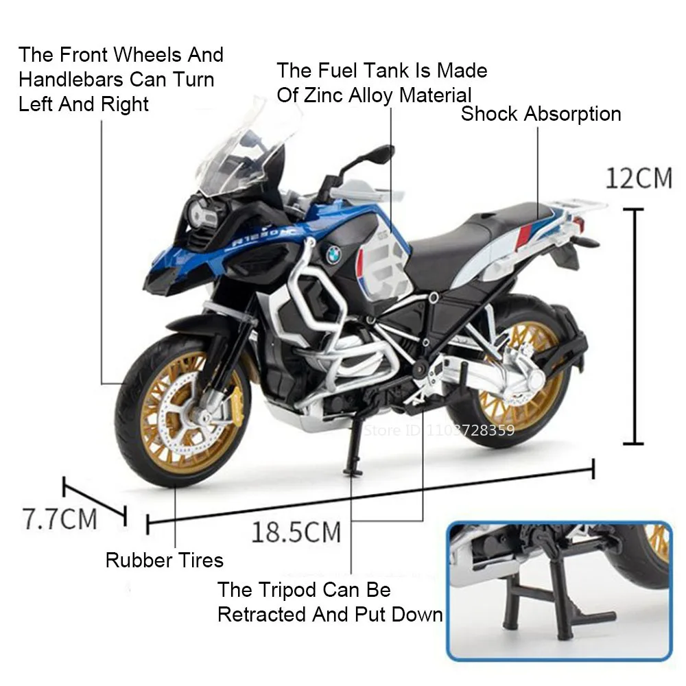 1:12 BMW R1250 GS Model Toy Motorcycles Alloy Diecast RRS1000 Miniature Motorbikes Shock Absorption Rubber Tires for Kids Gifts