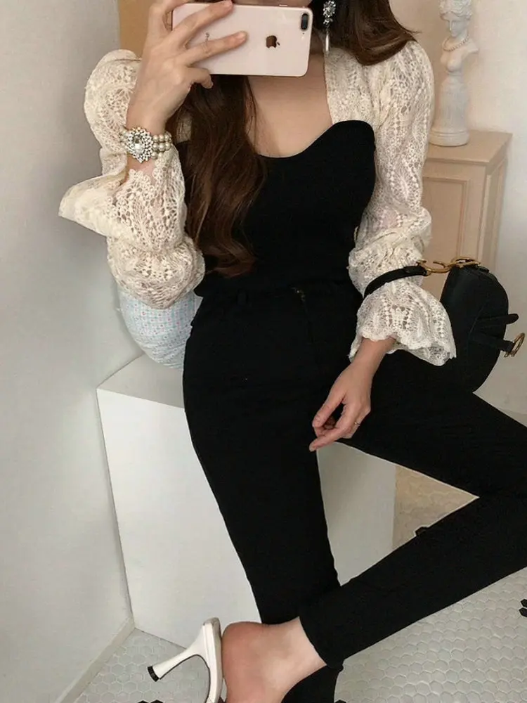 

Spring Summer New Sle Lace Hook Flower Splicing Square Collar Bell Long Sve irt Top Women's Faion Premium Quali