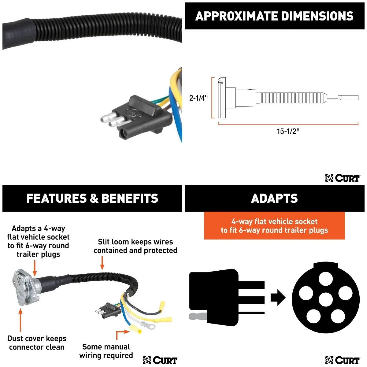 

57183 4-Way Flat Vehicle-Side to 6-Way Round Trailer Wiring Adapter