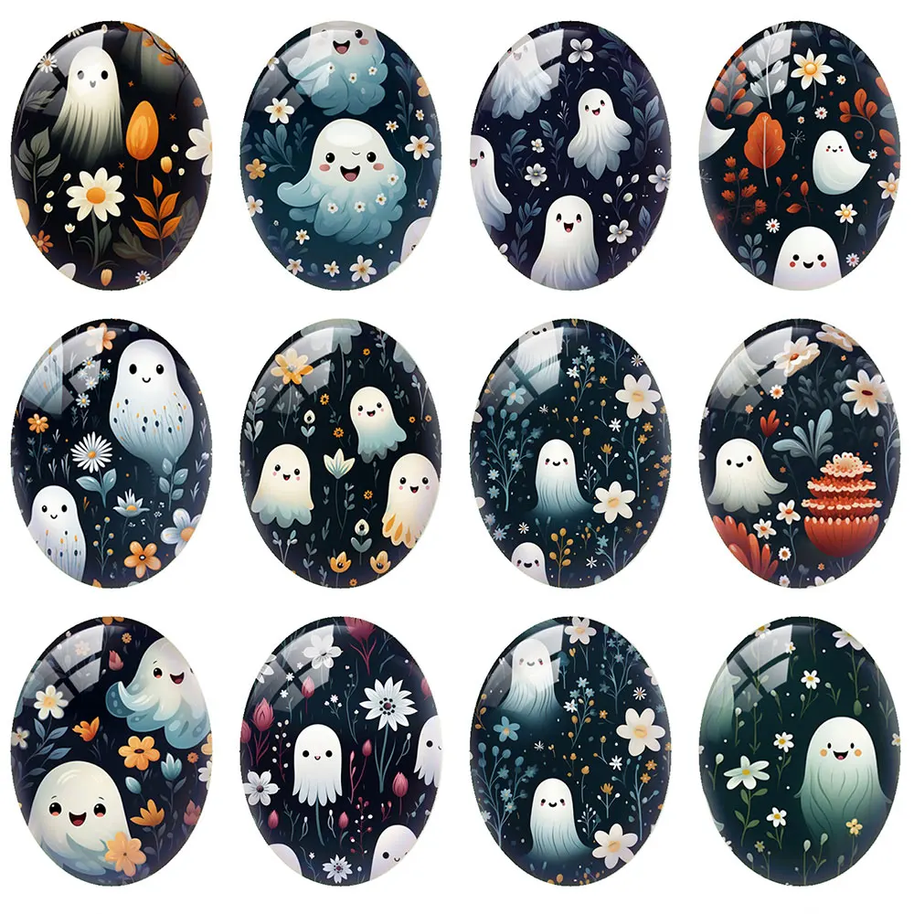 10pcs/lot Halloween Cute Boo Ghost Flower Oval Photo Glass Cabochon Charms Flatback Demo Flat Back Cameo Diy Jewelry Making