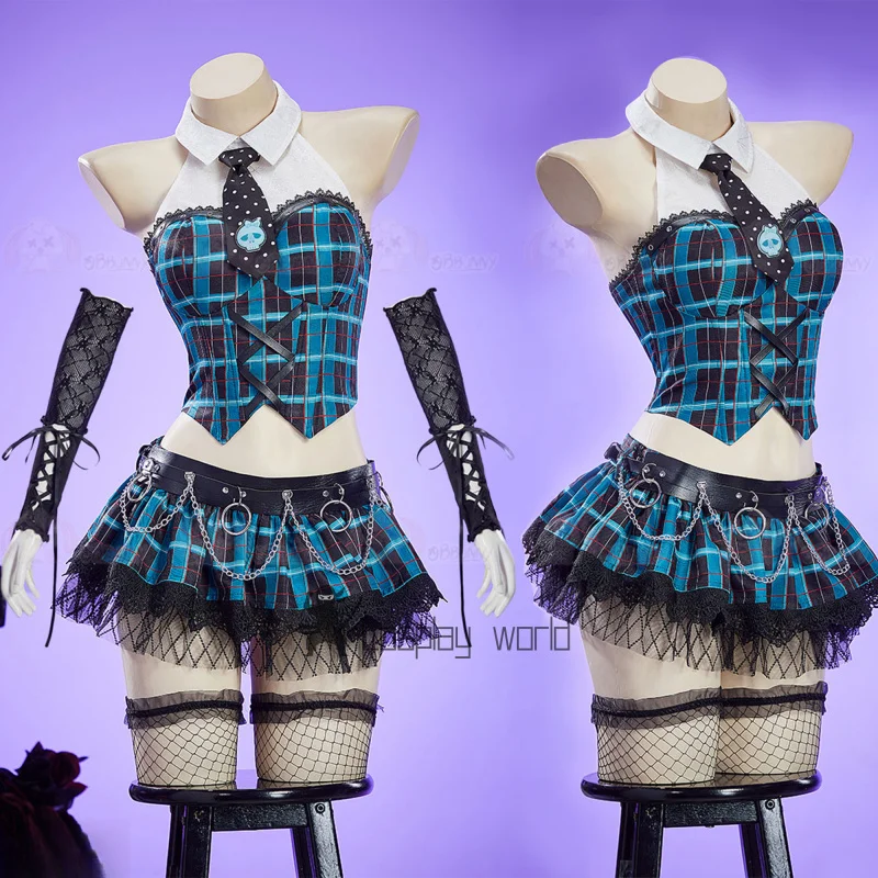 أزياء أنيمي مونستر كوس هاي فرانكي ستاين التأثيرية للنساء فستان منقوش باللون الأزرق القوطي ملابس مجموعة حفلات الهالوين