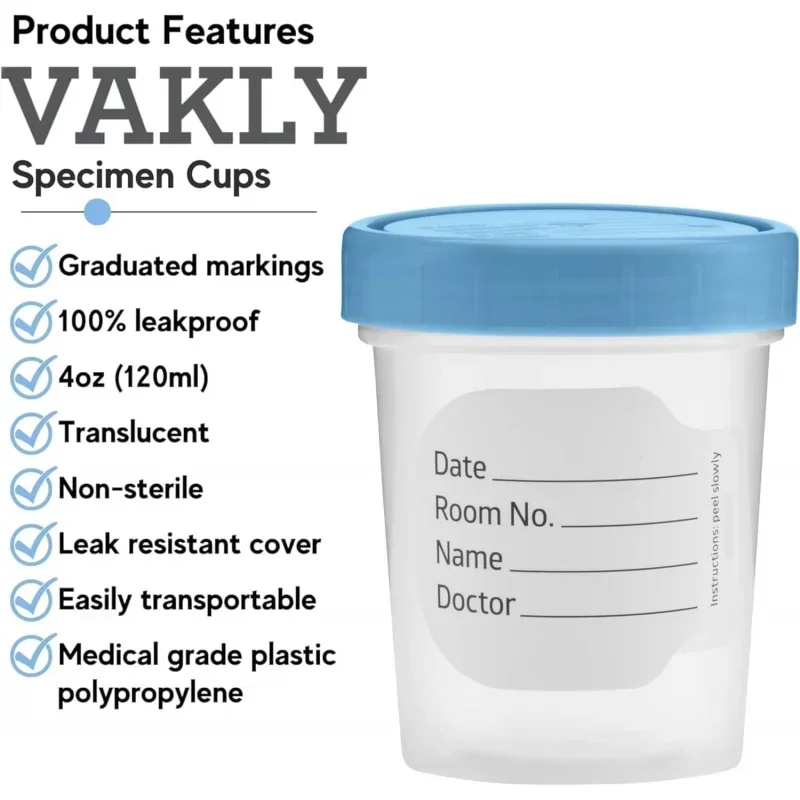 Specimen Cups with Leak Proof Screw on Lids - 4oz Clear Non-Sterile Urine Sample Jars - Containers Safe Pee, Stool, Semen Sa