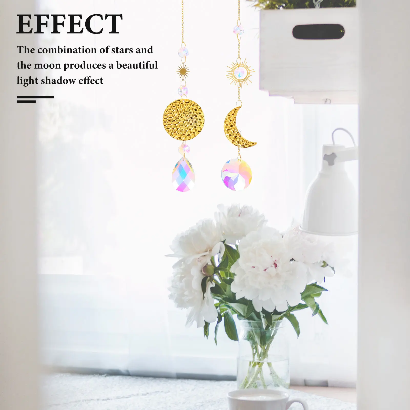 

2Pcs Transparent Crystal Sun Catcher Prisms Hanging Pendants Star Moon Design Rainbow Maker for Window Office Car Garden Boho