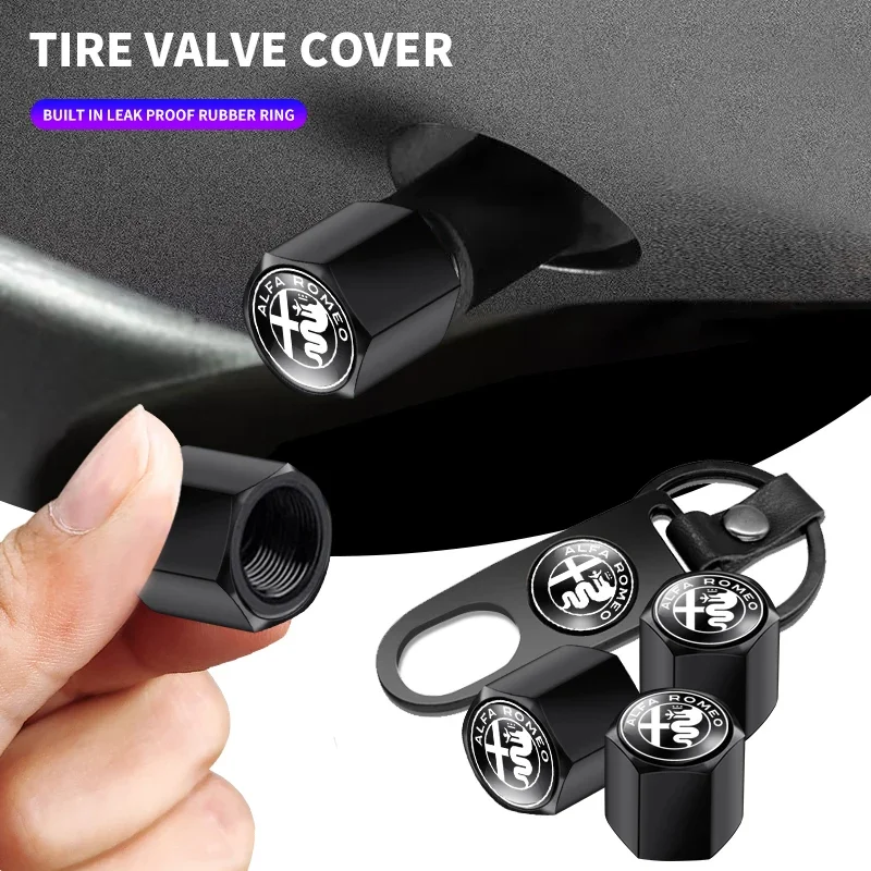 Car Wheel Tire Air Valve Caps with Keychain for Alfa Romeo 147 156 166 159 Giulietta Giulia Mito Stelvio Brera Accessories