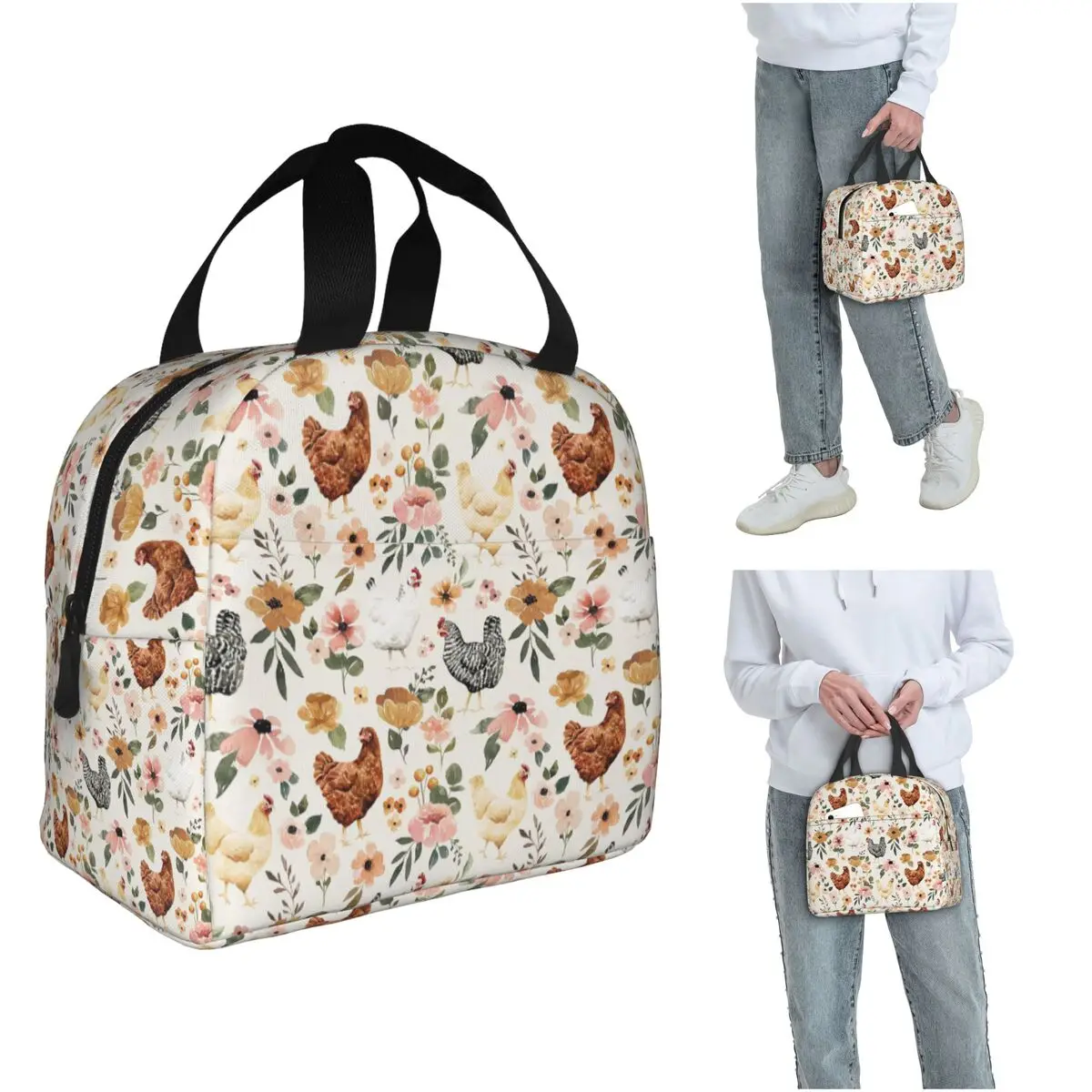White Chickens And Floral Pattern Insulated Lunch Bag for Women Kids Portable Food Boxes Thermal Lunch Box Tote