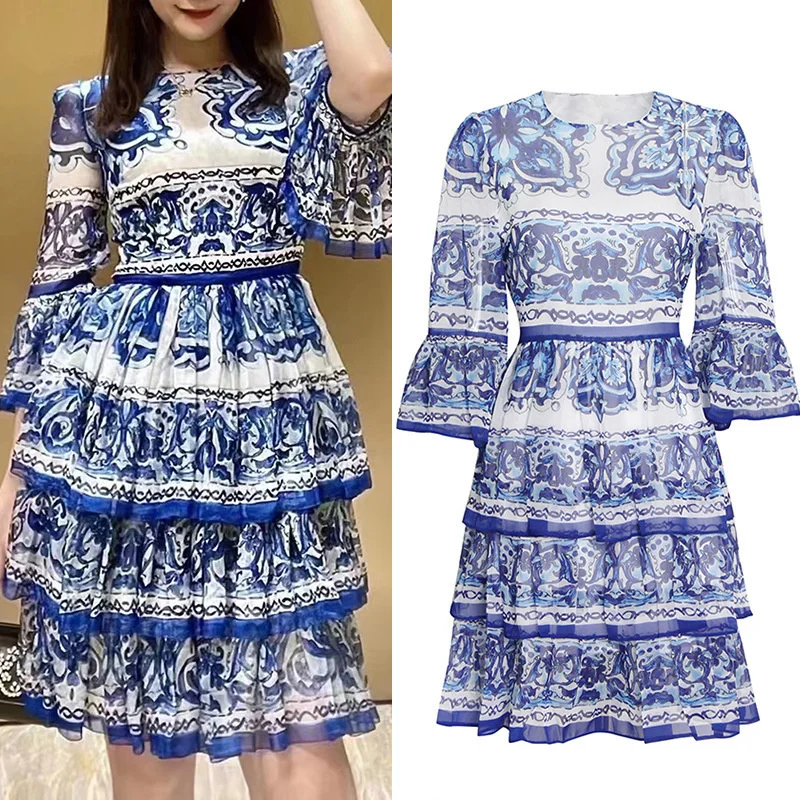 MYSIMLOCHIC Runway Summer Flower Midi Dress Women Blue White Porcelain Elastic Top Holiday Long Dresses Beach Holiday Sundress