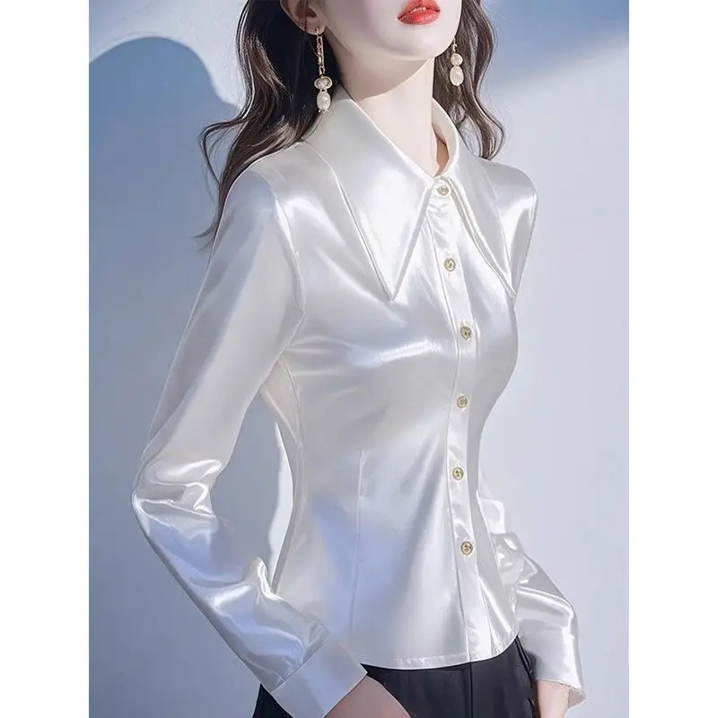 

Solid Color Satin Blouse Women Clothing Spring New Fashion Corset Simplicity Elegant Shirts Turn-down Collar Formal Top Tee XQ47