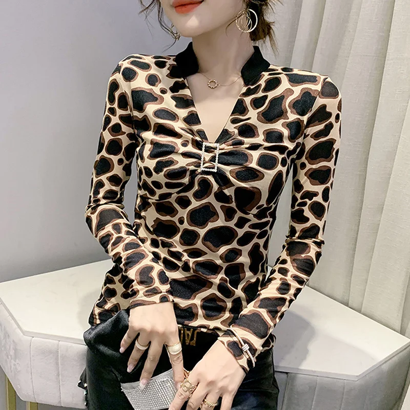 #7974 Sexy Leopard Print T Shirt Women Stand Collar Mesh Long Sleeve T Shirt Women Casual Vintage Skinny Women\'s T-shirt Autumn