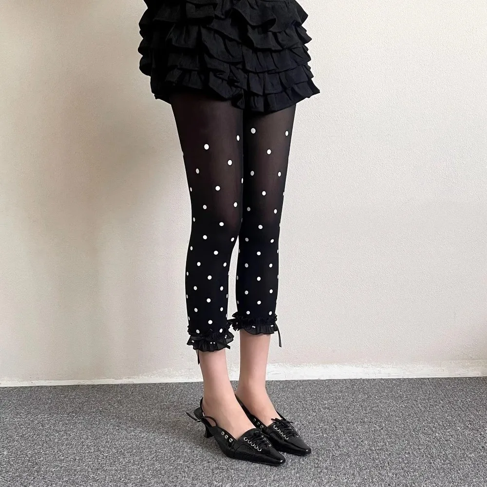 Cool Lace Trim Thin Leggings Thin Material Velvet Fabric Girls Pants Retro Style Polka Dot Capri Pants For Girls