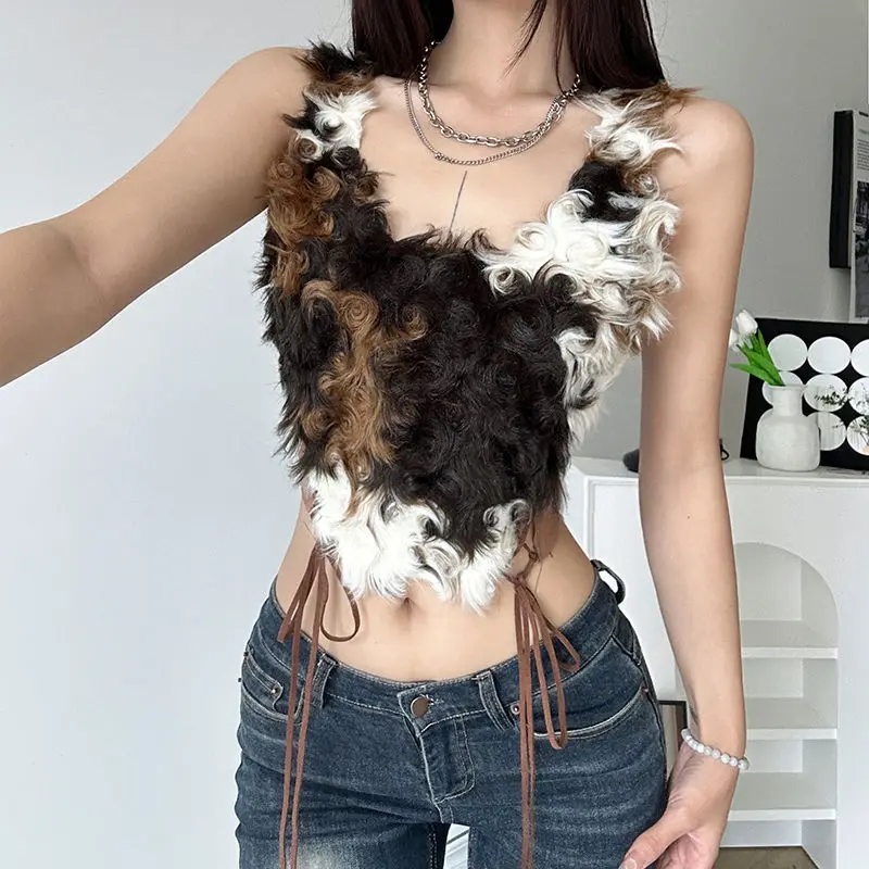 American Vintage Y2K Tops Sling Vest Women Korean Fashion Hairy Splicing Clashing Color Streetwear Waist Harajuku Aesthetic Tops