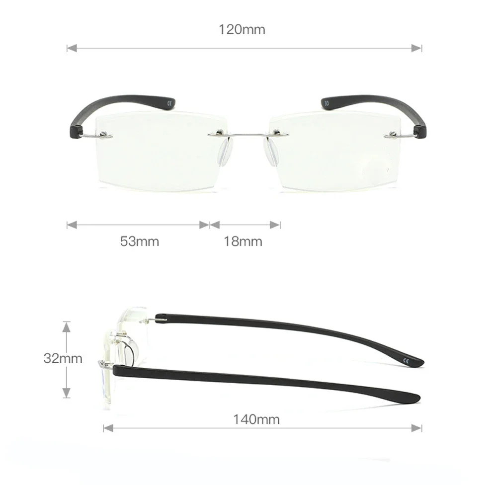 Super Light Fashion Men's Business Rimless Anti Blu Light Reading Glasses +0.75 +1 +1.25 +1.5 +1.75 +2 +2.25 +2.5 +2.75 +3 to +4