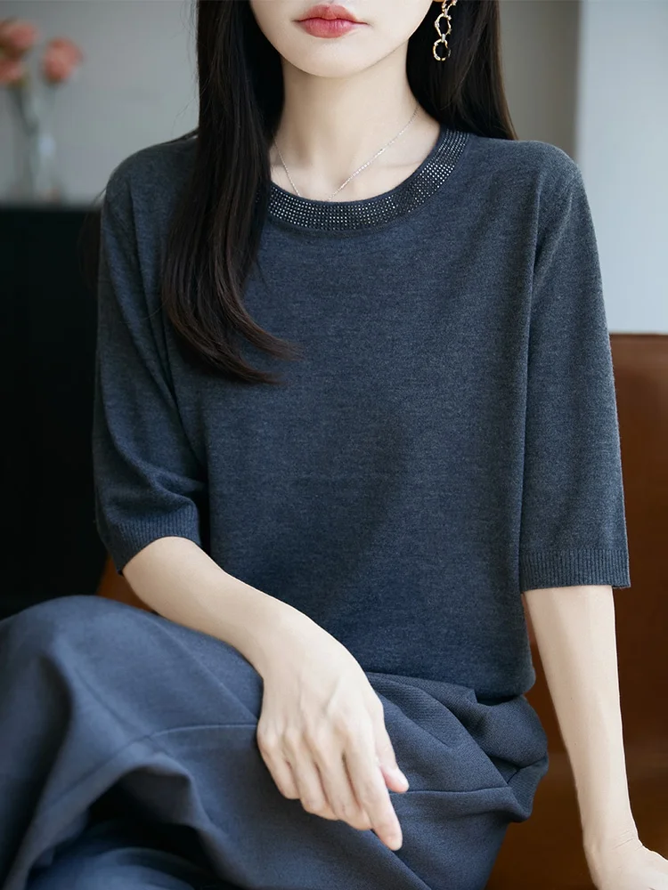 

Women's round Ne ort Sve Knitted T-irt Breathable Casual Loose Fit ort Sve f Sve Base Layer irt