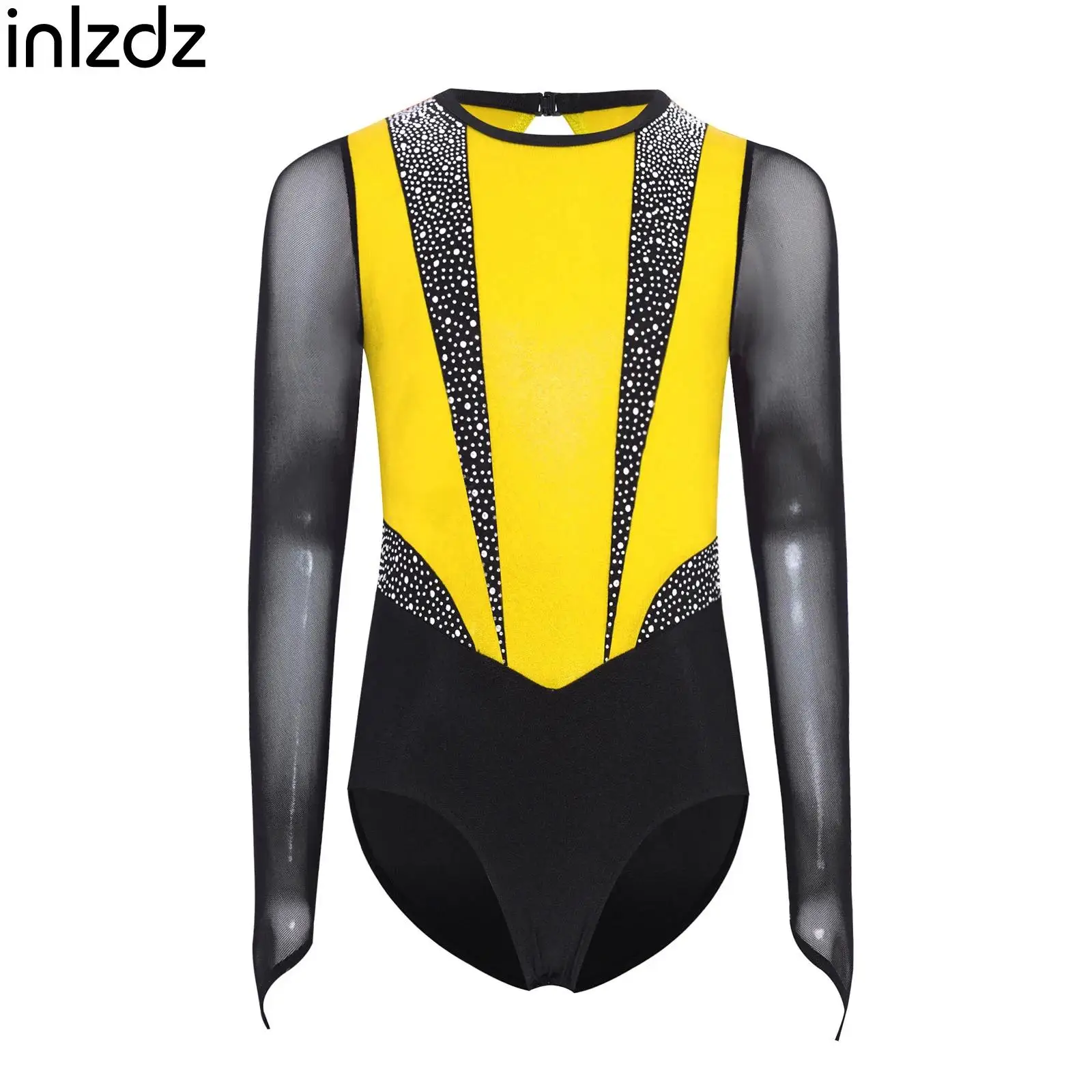

Teens Ballet Dance Bodysuit Kids Girls Long Sleeve Rhinestones Gymnastics Leotard Sheer Mesh Skating Stage Performance Costume