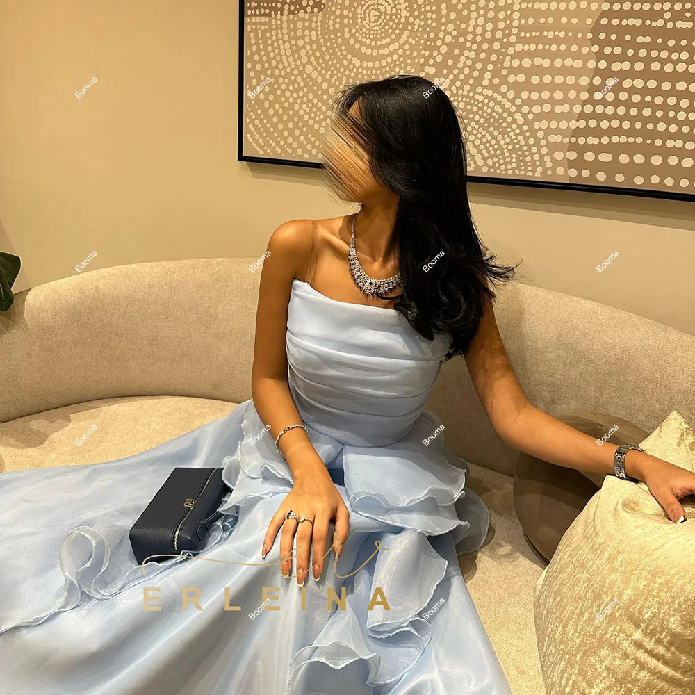 Booma Sky Blue A-Line Prom Dresses Strapless Pleated Ruffles Evening Dresses for Women Ankle Length Sleeveles Formal Party Gowns