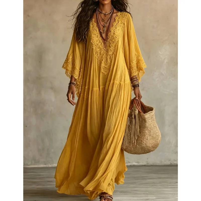 Vintage Solid Lace Maxi Dresses New Women Boho Deep V Neck Wide Flared Sleeve Folds Loose Tiered Elegant Holiday Travel Dresses view 4