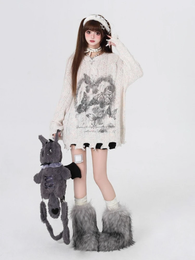 

QWEEK Oversize Grunge Sweater 2024 Autumn Fashion Gothic Goth Harajuku Butterfly Print Knitted Knit Pullovers Long Sleeve Top