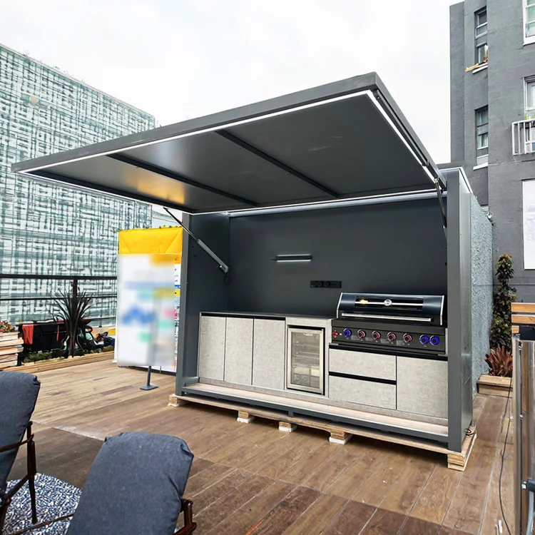 Anti Corrosion Stainless Steel 304 Outdoor BBQ Kitchen Pod With Motorized Roof And Sink Fridge For Pool House