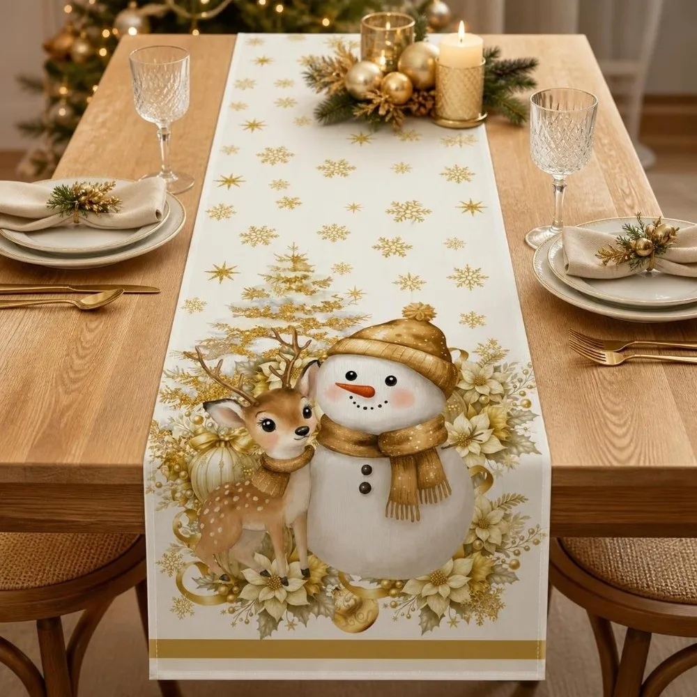 Santa Snowman Christmas Table Runner Tabletop Decoration Flower Christmas Tablecloth Reindeer Vintage Poinsettia Table Runner