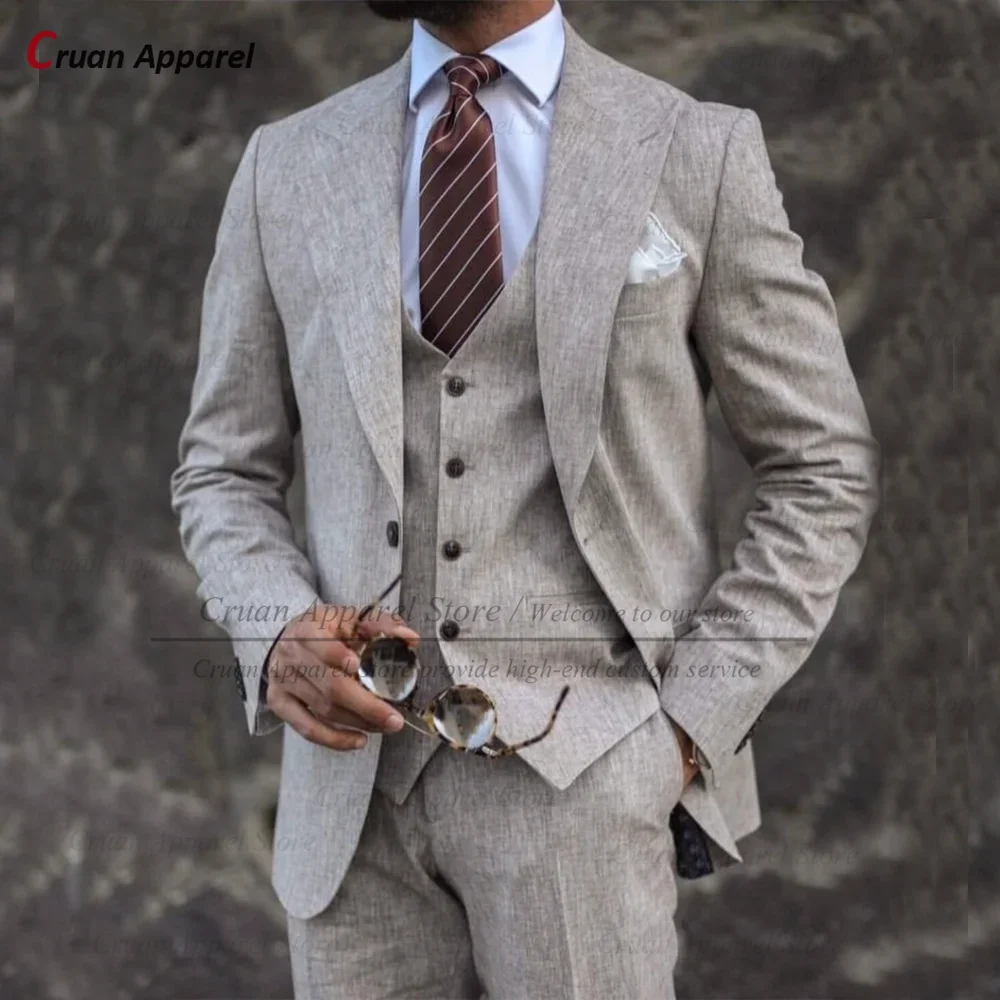 

Classic Gray Linen Men Suit Wedding Groom Elegant Outfits Family Party Casual Blazer Vest Pants 3 Pieces Fashion Holiday Costume