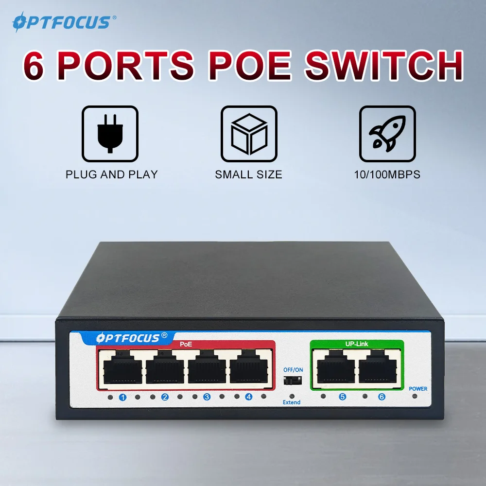 OPTFOCUS POE Switch 52V 10/100Mbps 4 Port Ethernet Network Switches 2 100Mbps Uplink Ports POE Switch For IP Camera CCTV