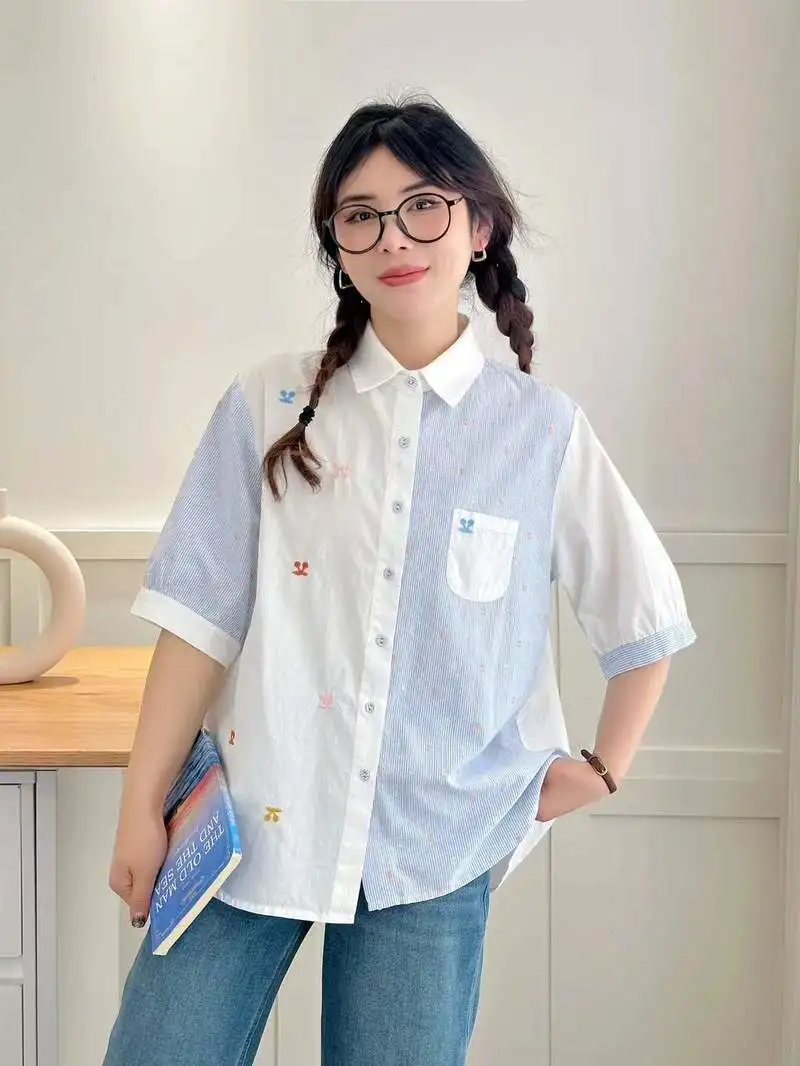 قميص قطني صيفي جديد بأكمام قصيرة لعام 2025 ، بلوزة نسائية مخططة بياقة مقلوبة ، بلوزة فضفاضة موري جيرل حلوة OL T57184CC