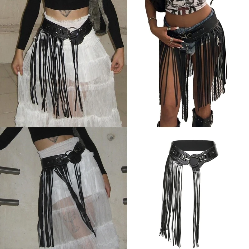 Women Vintage Punk Waist Belt Y2K Cool Girls Cowgirl Long Tassels Wide Studded Belt Body Chain for Dress Skirt Club Stage Dance