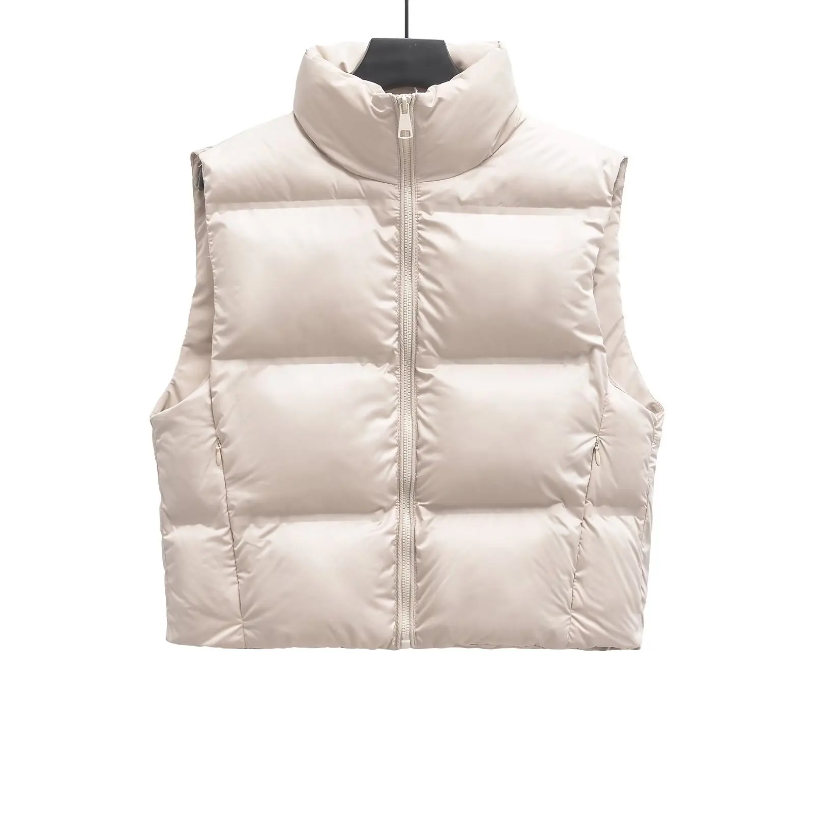 Chaleco informal holgado de moda para mujer, chalecos cortos acolchados en beige y negro con cuello alto, cremallera frontal y bolsillos laterales 9U23