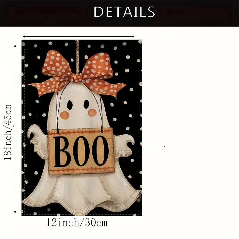 1pc  Halloween Garden Flag | Cute with BOO, Black Background - Outdoor Decoration for Yard, Porch, Party - Easy Hang with Hooks - No Electricity Needed - Spooky Halloween Decor, Festive Porch Display, Holiday Banner, Polyester Material
