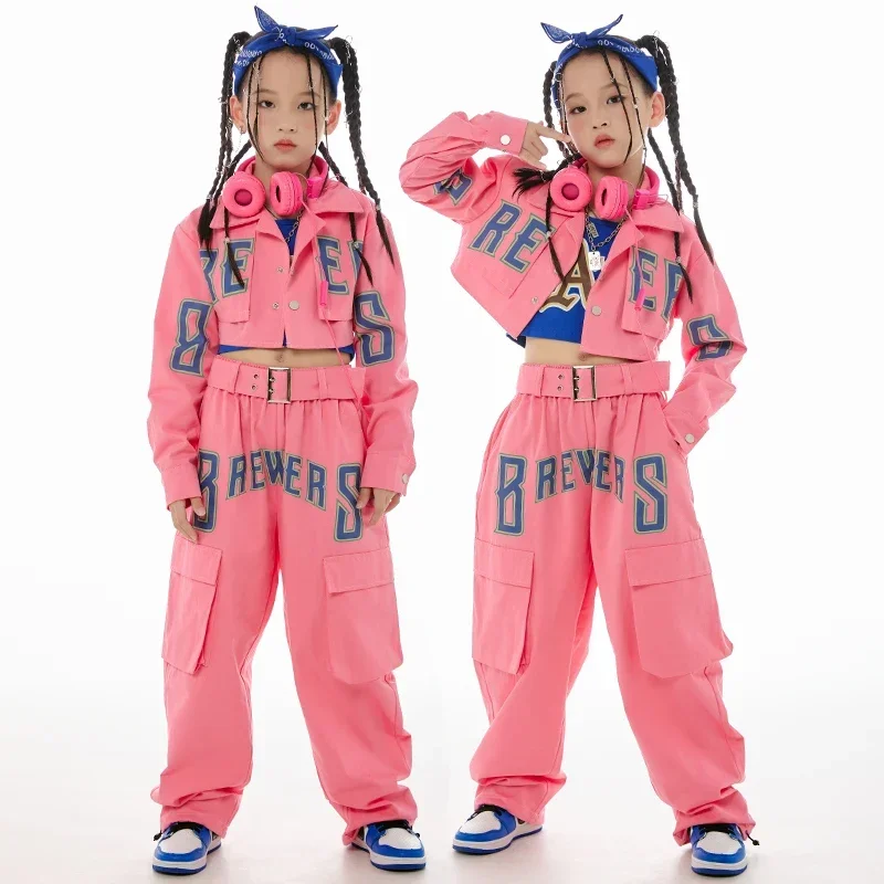 

Coat Pants Kids Street Dance Performance Wear Stage Outfit Pink Jazz Dance Clothes For Girls Hip Hop Costume Long Sleeves