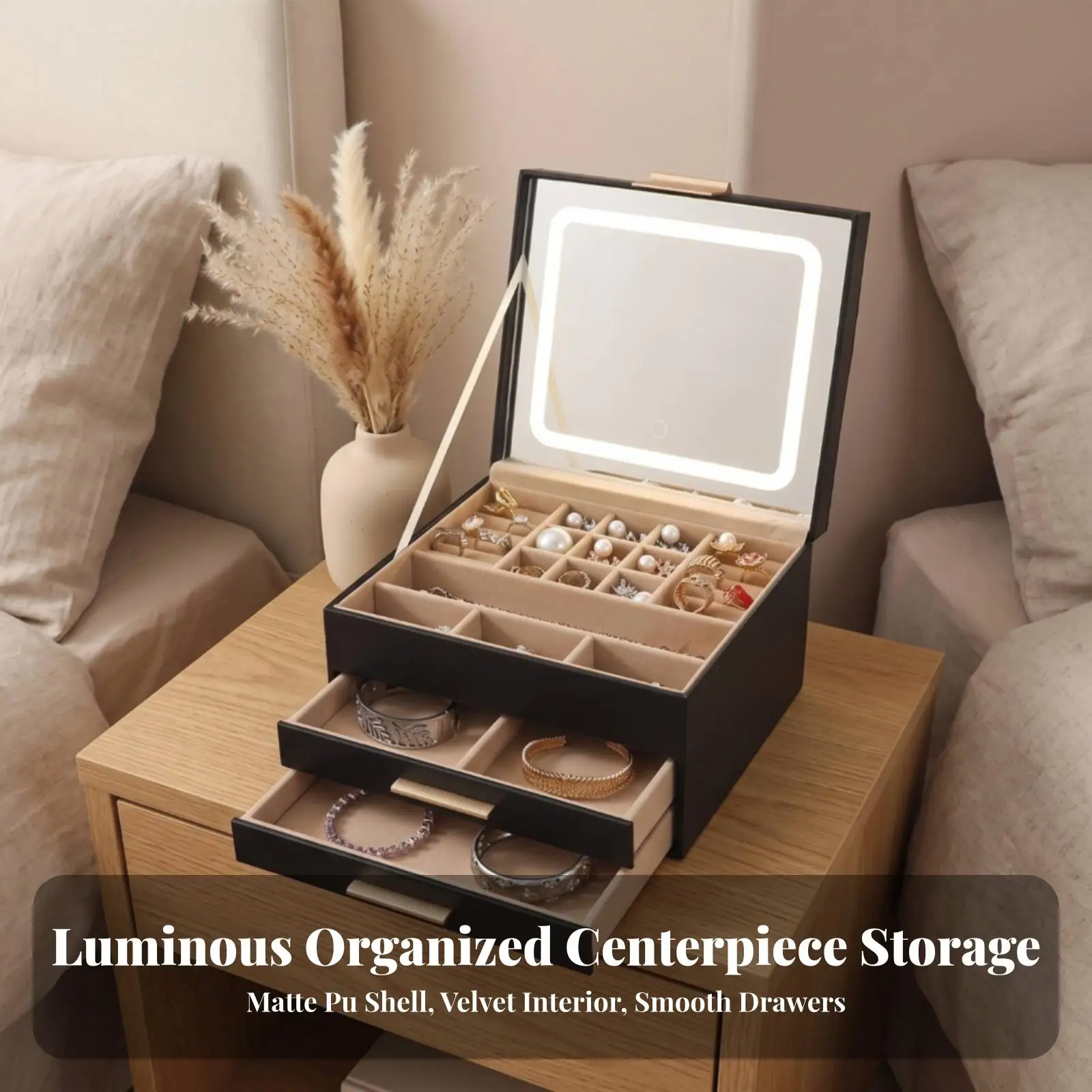 Elegant Jewelry Cabinet Mirror with Builtin Lights and Suede Lined Drawers Storage Organizer for Women Accessories