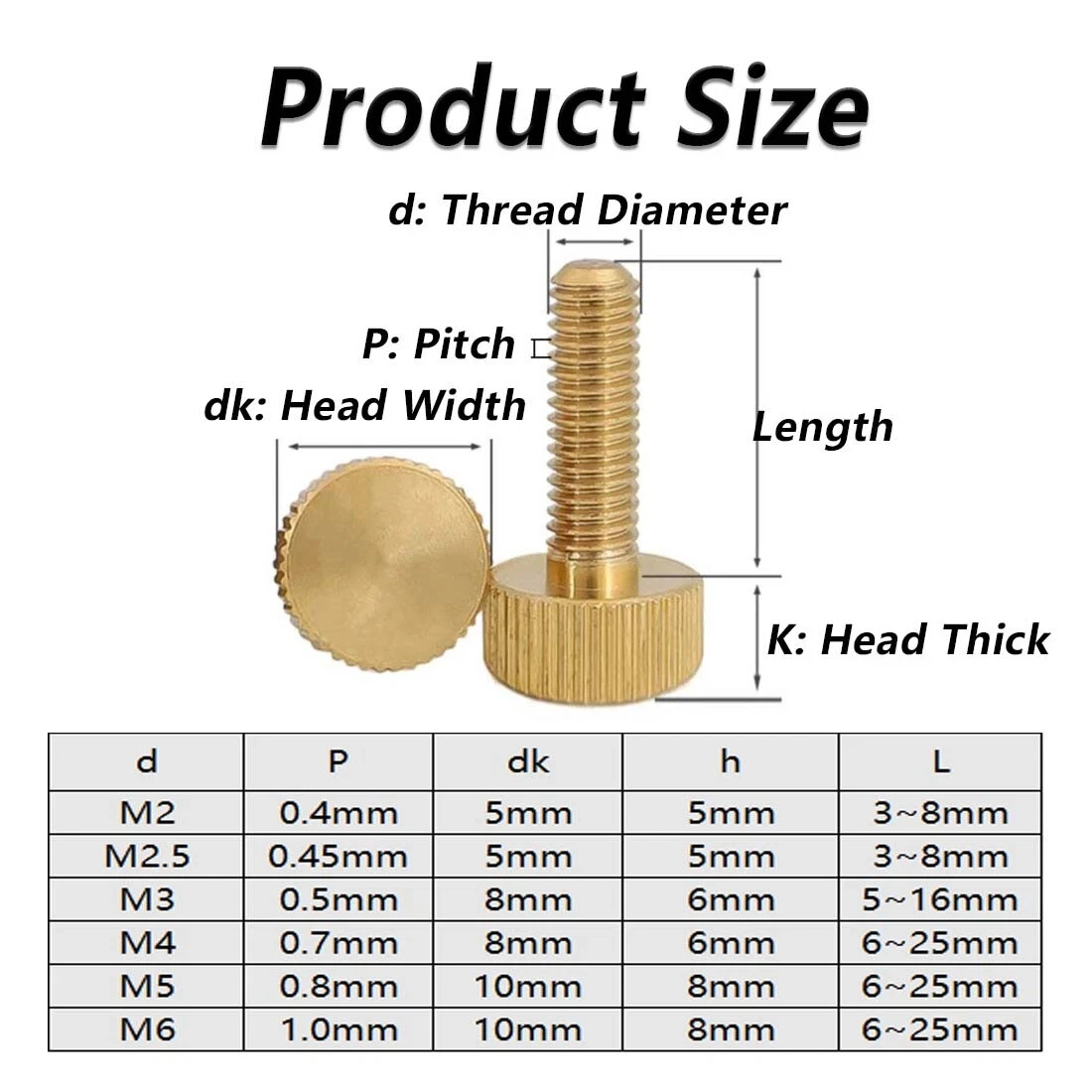 Peijian 1~20pcs Brass Knurled Thumb Screw M3 M4 M5 M6 Small Thumb Screw Bolt Length:6/10/15/20/25/30mm Mechanical Screw