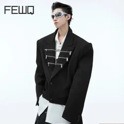 FEWQ Niche Shoulder Pad Woolen Short Suit Jacket Metal Zipper Splicing Loose 2024 Metal Decoration Male Blazer Fashion 24E2733