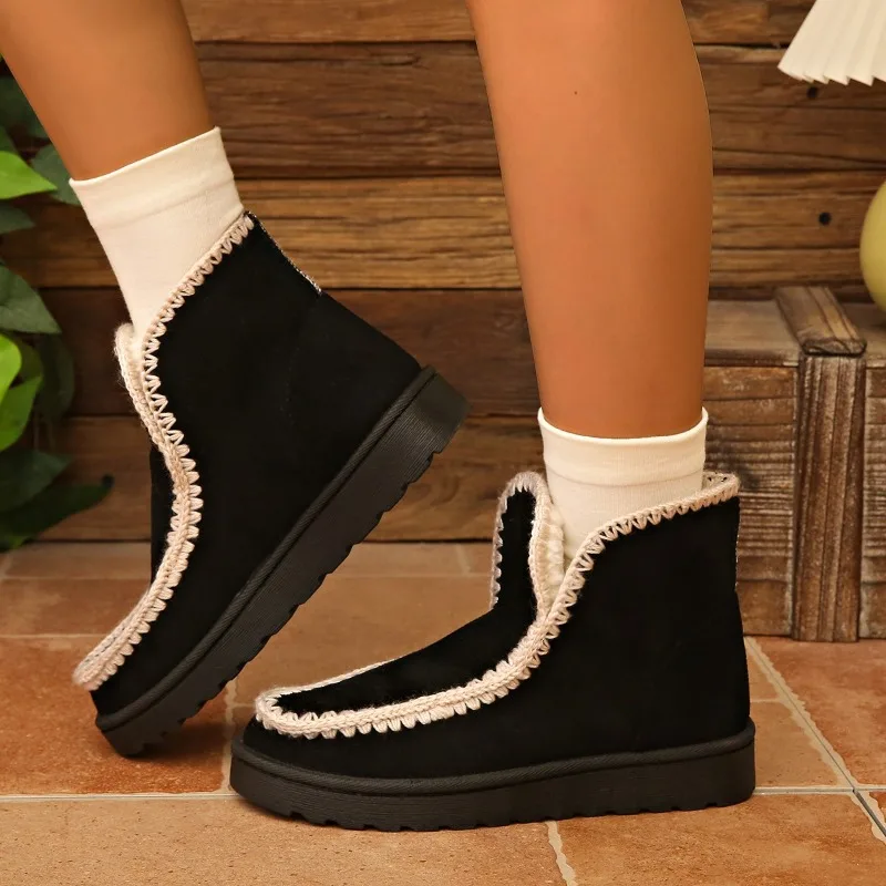 Women Crochet Trim Snow Boots 3.5CM Flat Sole Faux Suede Warm Fleece Lined Round Toe Pull‑On Winter Ankle Daily Footwear
