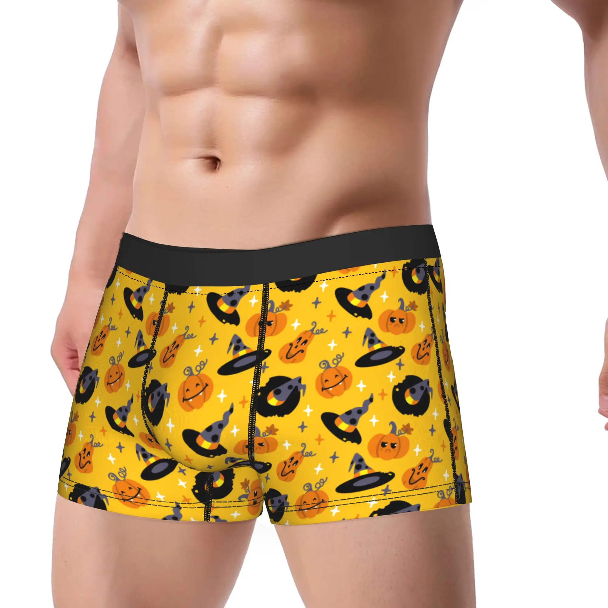 Man Halloween Pumpkin With Witch Hat Long Underwear  Sexy Boxer Briefs Shorts Panties Male Breathable Underpants Plus Size