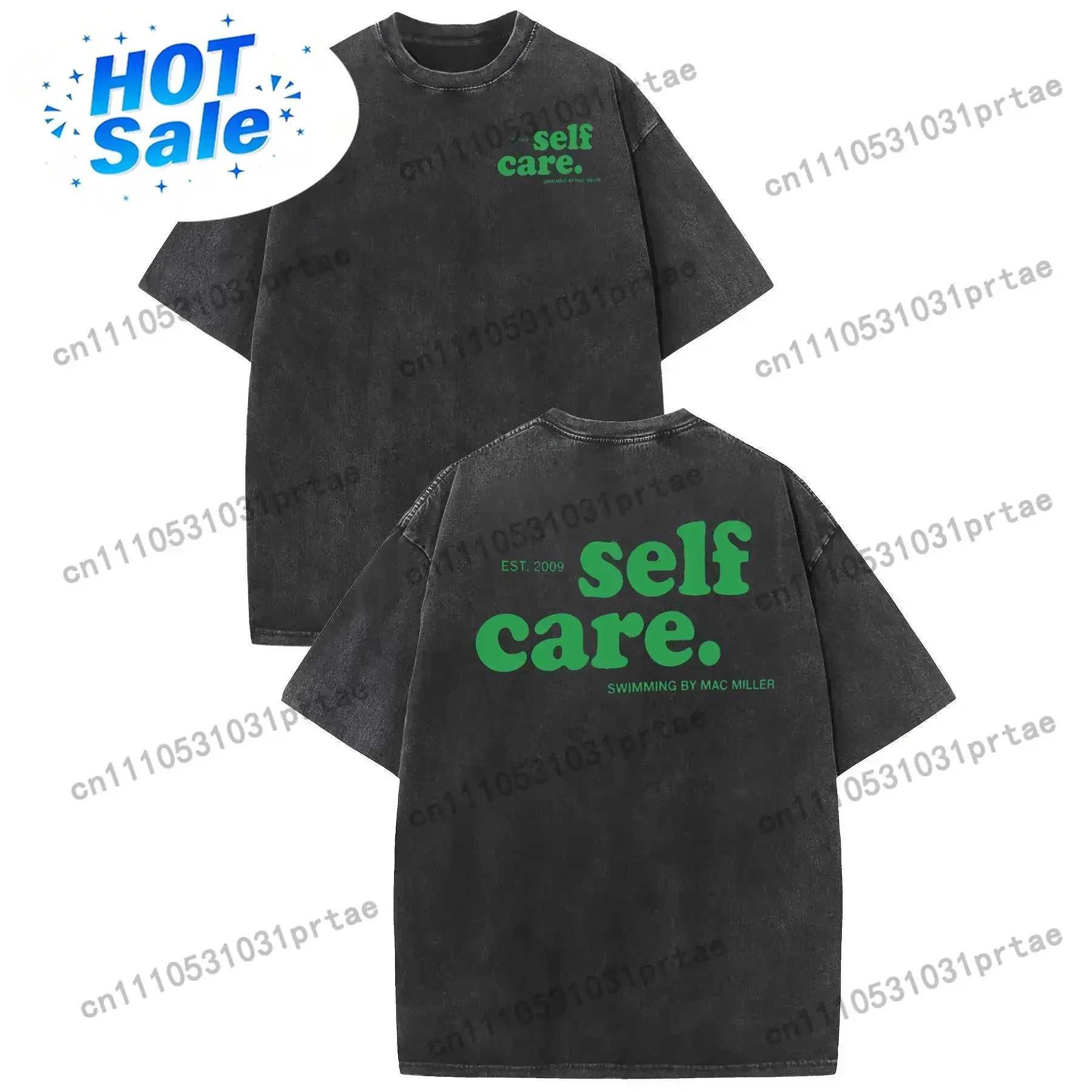 Washed tee with “self care.” slogan, EST. 2009 & Mac Miller “SWIMMING” detail