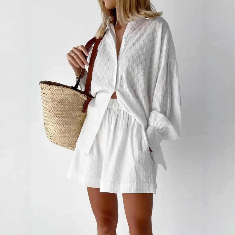 

Autumn Women's Shirt Jacquard Puff Sleeve Temperament Top Shorts Commuting Design Casual Suit