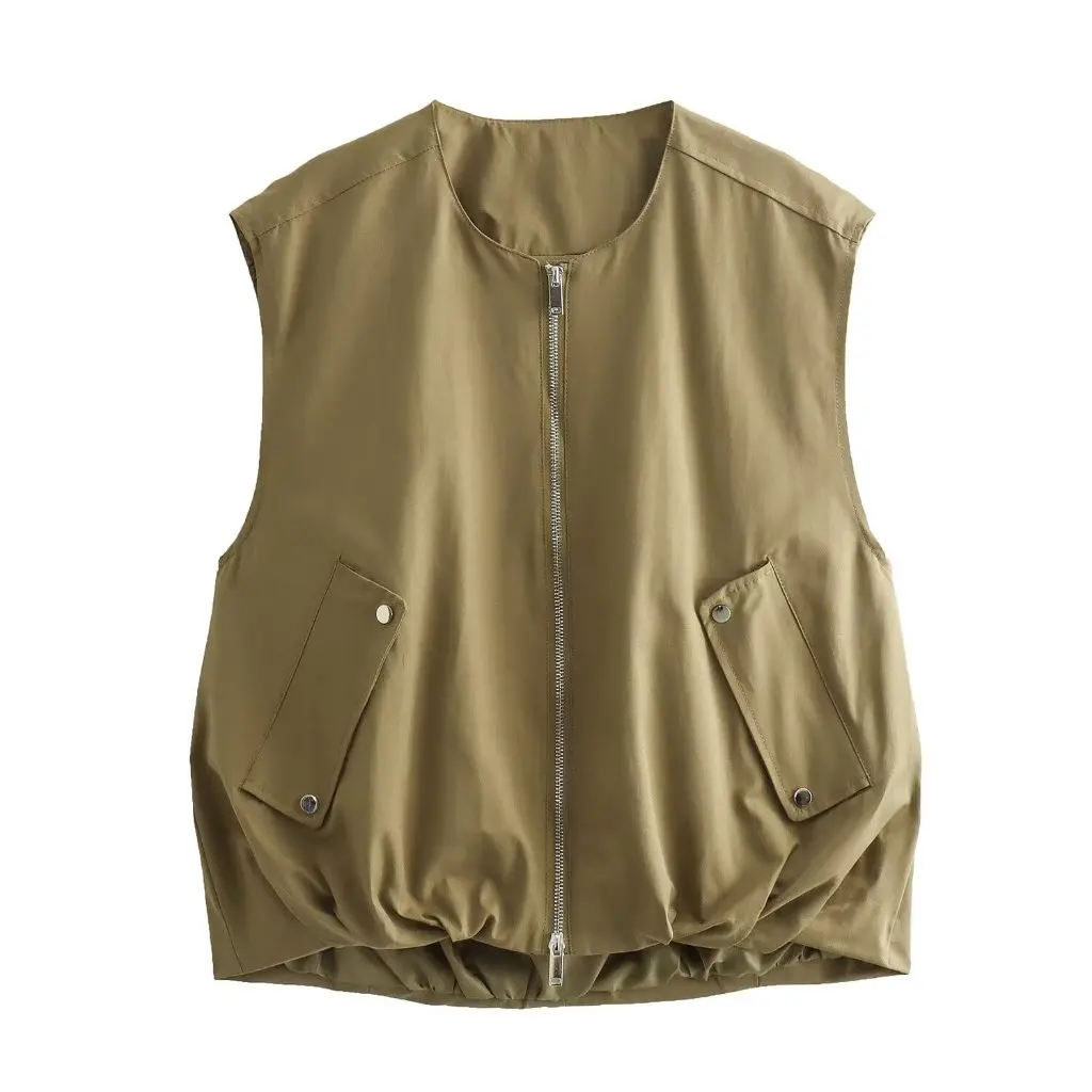 

Summer New Women's Solid Color Zipper Fashion round Neck Vest Short Jacket European And American Style E48134