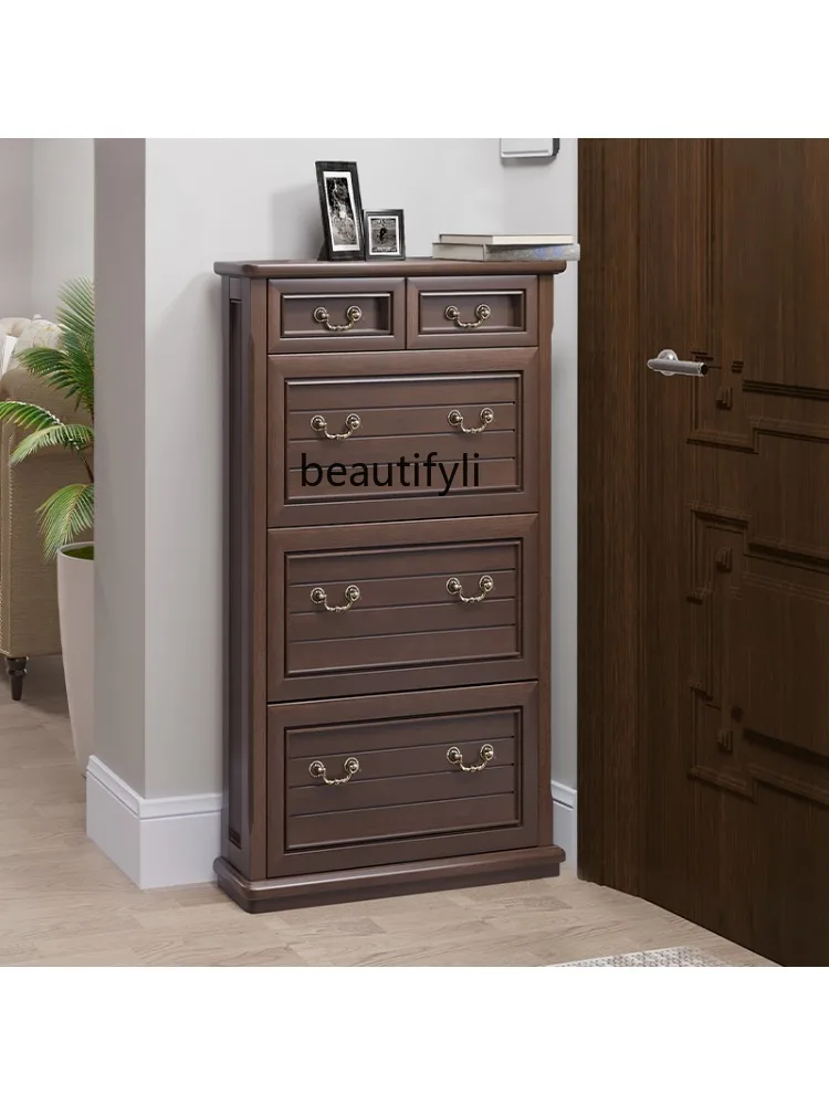 Pure Solid Wood Shoe Cabinet Ultra-Thin 18cm Thick Small Apartment Tilting Type Entrance Cabinet Storage Fantastic Space Saving