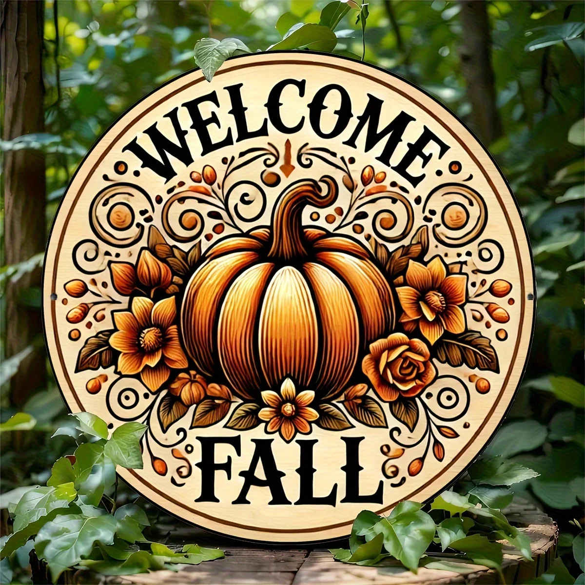 علامة ألومنيوم لإكليل اليقطين المستدير من Welcome Fall - ديكور موسمي مقاس 8 × 8 بوصة للمنزل والحديقة