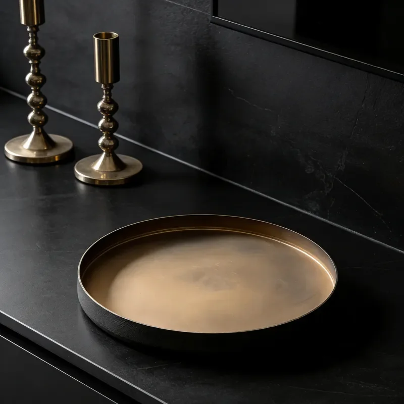 Vintage Bronze Round Metal Tray for Living Room Coffee Table Decorative Storage Organizer Modern Medieval Style Home Accent